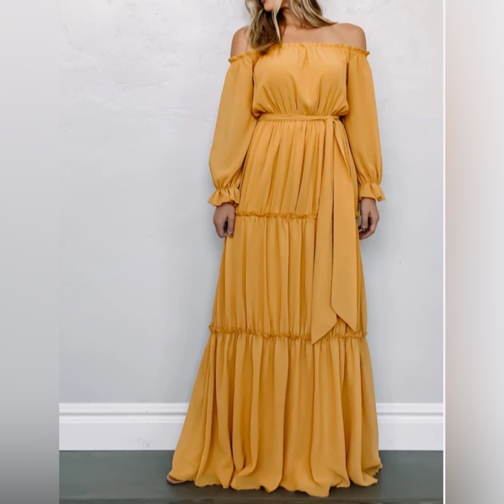 -Zanzea Bohemian Off Shoulder Peasant  Golden Yellow Oversize Maxi Dress Small